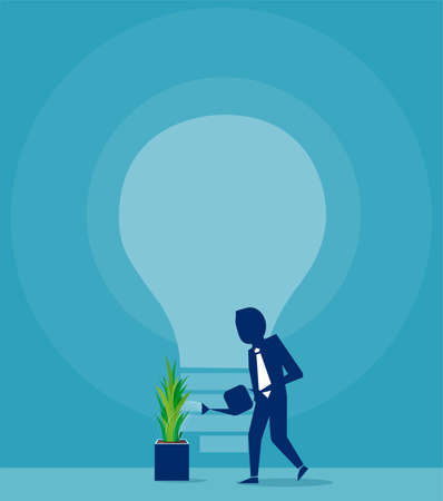 Flat style illustration of businessman watering flowerpot having great idea. のイラスト素材