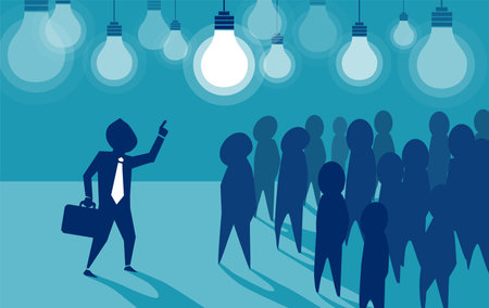Vector picture of businessman sharing with idea and enlightening dark crowd. 