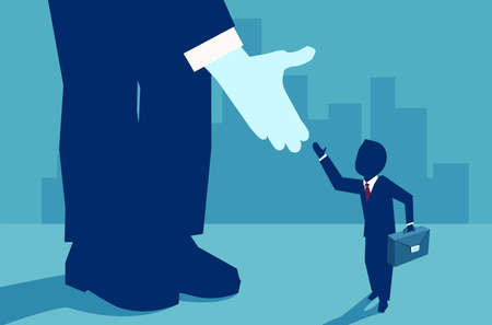 Vector picture of small businessman supported by unknown investor giving him opportunity. のイラスト素材