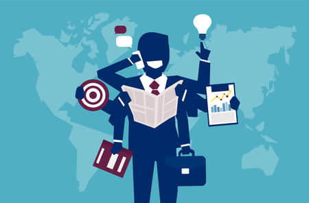 Vector illustration of businessman with plenty of hands managing to complete all goals. のイラスト素材