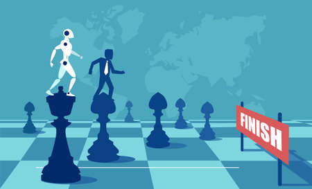 Vector illustration of robot and man on chess pieces playing game on board reaching finish in rivalry. のイラスト素材
