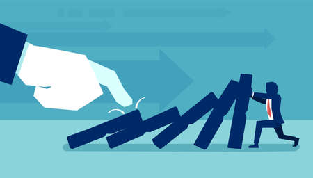 Concept vector of hand pulling domino against man trying to stop falling and preventing conflict. のイラスト素材