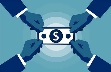 Four Hands reaching to cash paper money dollar sign symbol. Business and wealth concept. Blue background. Vector illustrationのイラスト素材