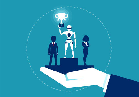 Concept illustration with robot having first place being better then human in competition.