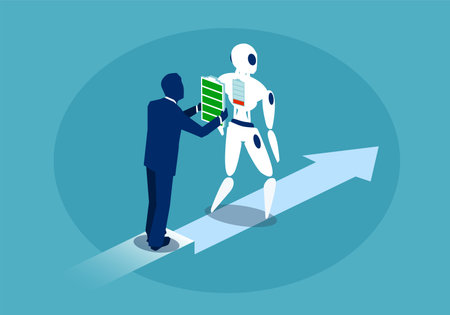Concept vector illustration of man charging battery of modern automatic robot giving energy