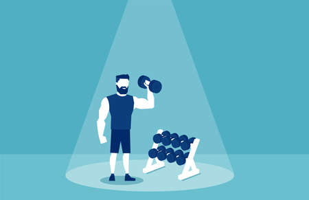 Vector picture of sportive man lifting dumbbells and working out in gym on blue backgroundのイラスト素材