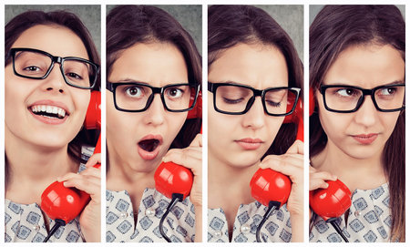 Composed photos of expressive woman reacting on bad news while speaking on old fashioned telephone.