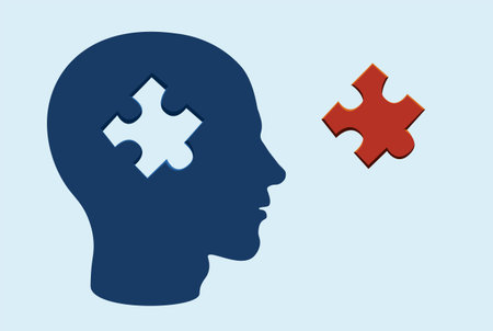 Puzzle head brain concept with a jigsaw piece cut out on blue gray background
