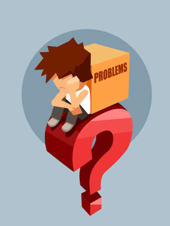 Sad young man sitting on a big red question with box of problemsのイラスト素材