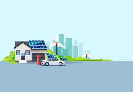 Flat vector illustration of an electric car at charging station parked nearby house with solar panels and wind turbines producing electricity.のイラスト素材