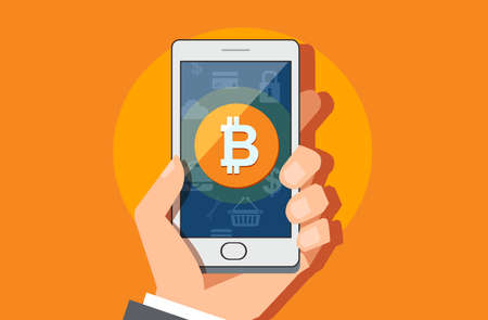 Business man hand holding smartphone with bitcoin icon on screen.のイラスト素材