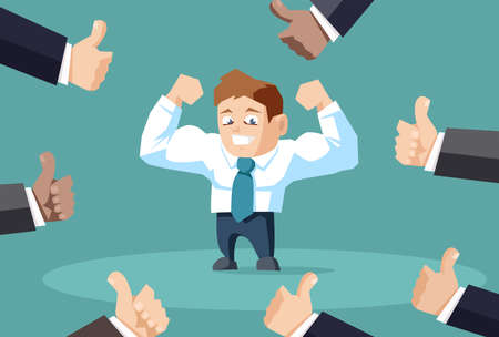 Popular businessman flexing his muscles with many people showing thumbs upのイラスト素材