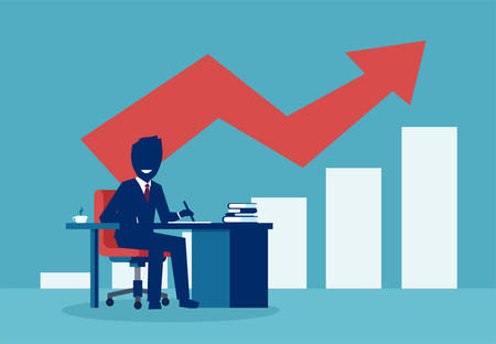 Successful businessman working at desk with red arrow chart growing up.のイラスト素材