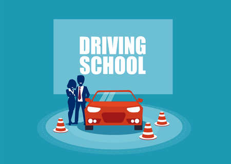 Driving school. Student and instructor and a training car. Vector illustration in cartoon styleのイラスト素材