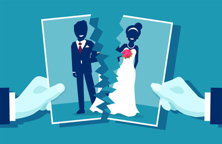Crisis in relationship and divorce concept. Group photo of young married couple cut in half as...