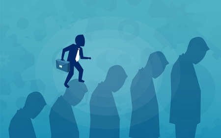 Career ladder in business concept. Businessman overstepping colleagues to achieve money goals or success. Metaphor of walking over heads stepping over people for successful job promotion, financial wealthのイラスト素材