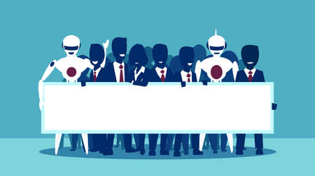 Vector of a group of businesspeople and robots holding blank white banner. Human business in robotic hands concept. Artificial intelligence and automationのイラスト素材