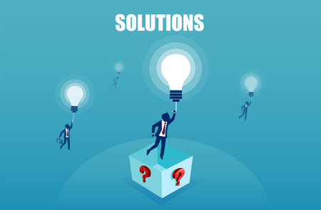 Thinking outside the box concept. Vector of businessmen with bright ideas and solution to a problem
