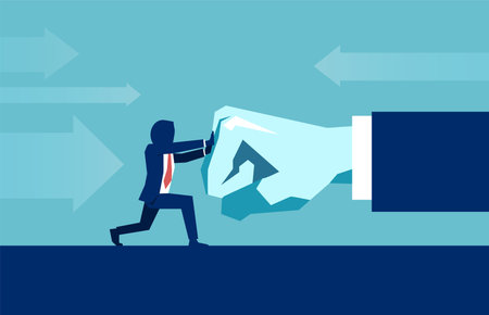 Vector of a businessman resisting pressure from big boss. Man fighting with big hand fistのイラスト素材