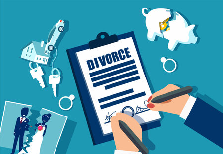 Divorce and property divison concept. Vector with piggy bank, house, car and marriage photograph...