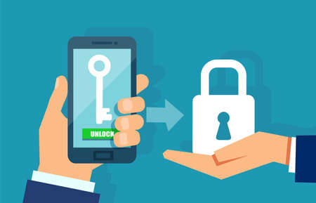 Mobile security, data protection concept. Hands holding smartphone with access key and a shield lock icon. Vector illustrationのイラスト素材