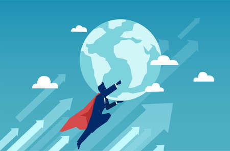 Vector of a super hero businessman flying and holding earthのイラスト素材