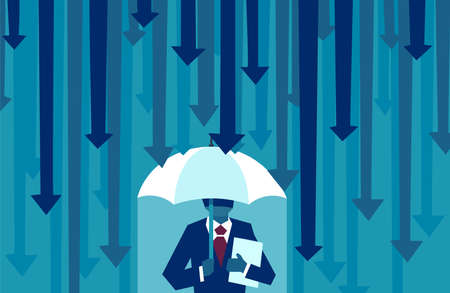 Risk averse. Vector of a businessman with umbrella resisting protecting himself from falling arrows as a symbol of unfavorable business environmentのイラスト素材