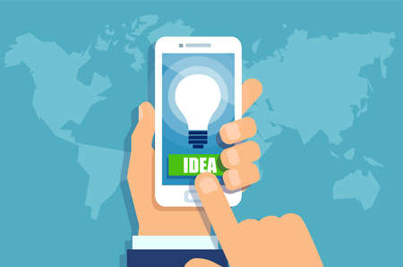 Vector of a businessman hands holding smartphone with bright Idea light bulb on screen.のイラスト素材