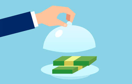 Vector of a business man opening serve cloche with money. Financial concept. のイラスト素材