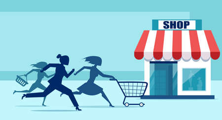 Vector of group of shopper women in a hurry running to sale discount shop for a promotion event のイラスト素材