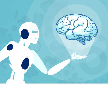 Vector of a robot holding and looking at human brain. Concept of automation and technology.のイラスト素材