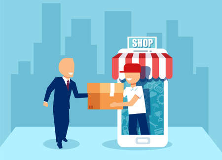 Creative vector graphic design of businessman receiving online order with shop in telephoneのイラスト素材