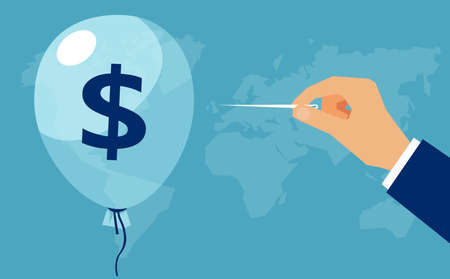 Vector of a hand with needle pierces the balloon with dollar sign. Concept financial crisis, bankruptcy, income lossのイラスト素材