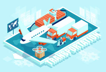 Creative isometric vector of cargo transportation of trucks and airplane and ship on blue backgroundのイラスト素材
