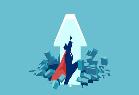 Flat design of man in red cape breaking obstacle and flying up being super heroのイラスト素材