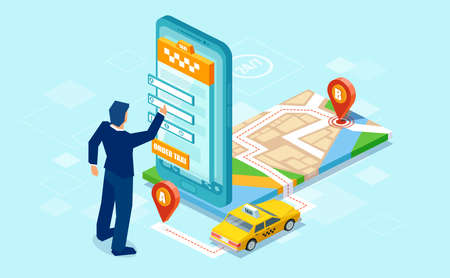 Creative isometric design of man using mobile app to call for taxi with map on blue backgroundのイラスト素材