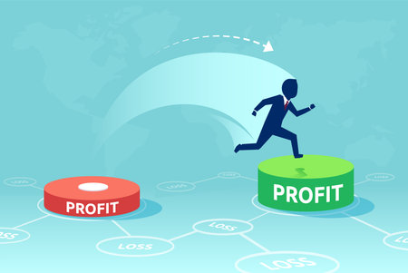 Cartoon design of man running and jumping on green button with growing profit on blue background