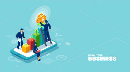 Vector of businesspeople working together and growing a successful online business on a digital tablet. Investments and finance conceptのイラスト素材