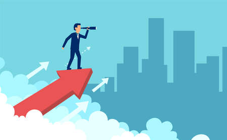 Concept graphic design of businessman on growing arrow looking in future with spyglass against cityscapeのイラスト素材