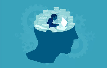 Concept vector design of writer sitting in human mind and creating story with piles of papers around