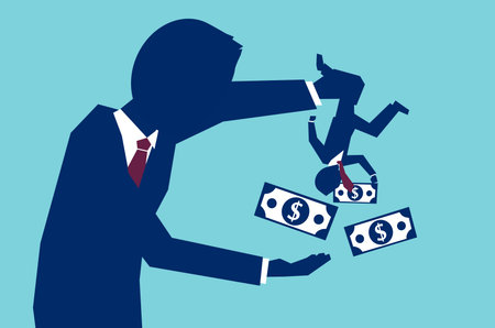Vector concept of man shaking business partner to take all his money on blue backgroundのイラスト素材