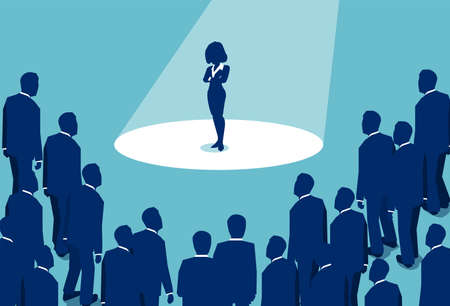 Graphic design of businesswoman standing in spotlight being boss and leader among men in business worldのイラスト素材
