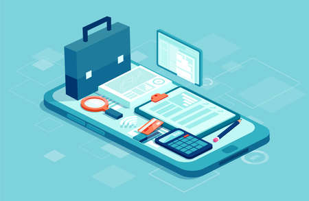 Finance management app for enterprises concept. Vector of a business equipment and icons on a smartphoneのイラスト素材