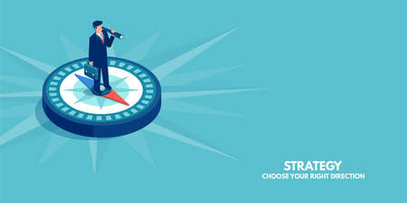 Business direction concept. Vector of a businessman standing on compass showing direction. Symbol of strategy, future vision.のイラスト素材
