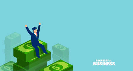 Graphic design of businessman in isometric style sitting on tall pile of dollars celebrating victory on blue backgroundのイラスト素材
