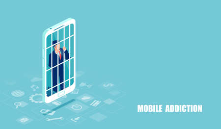 Mobile phone prisoner and addiction concept. Vector of a businessman addicted to cellphone. Unhappy character inside smart phone, as symbol of danger of being enslaved by technology.のイラスト素材