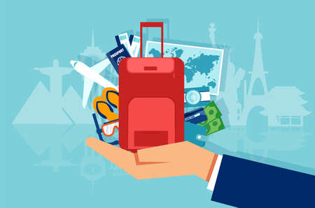 Vector of vacation and tourism concept with icons baggage suitcase, passport, money, map isolated on famous landmarks backgroundのイラスト素材