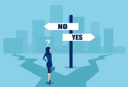 Vector of a confused businesswoman in difficult position making a choice at crossroads. Business decisions conceptのイラスト素材