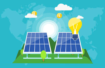 Creative graphic design of solar batteries with burning lamps and flying dollar coins showing innovative green worldのイラスト素材