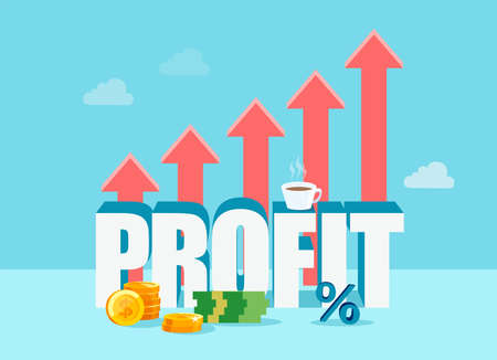Vector design of work Profit with growing red arrows on blue backgroundのイラスト素材